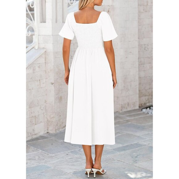🆕Women White Polyester Casual Summer Dress Bow Tie V Neck Ruffle Midi Flowy - Picture 2 of 9